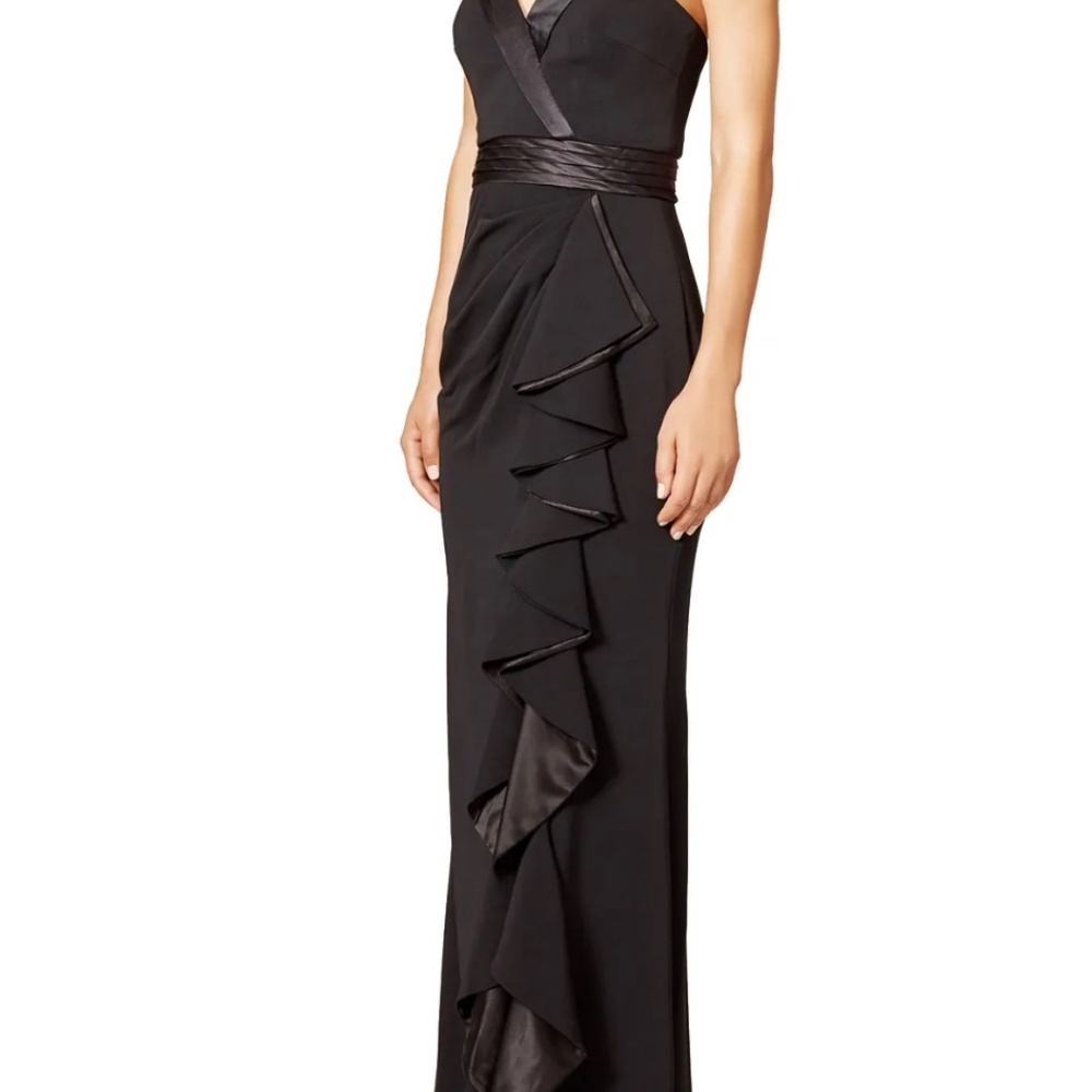Badgley Mischka Black Strapless Evening Gown with Ruffle Front